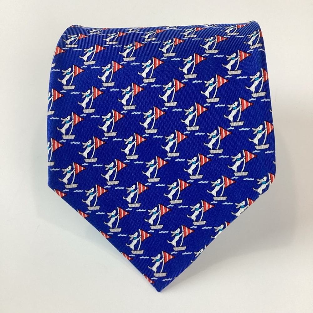 Salvatore Ferragamo Red and Blue Dog on Sailboat Silk Tie